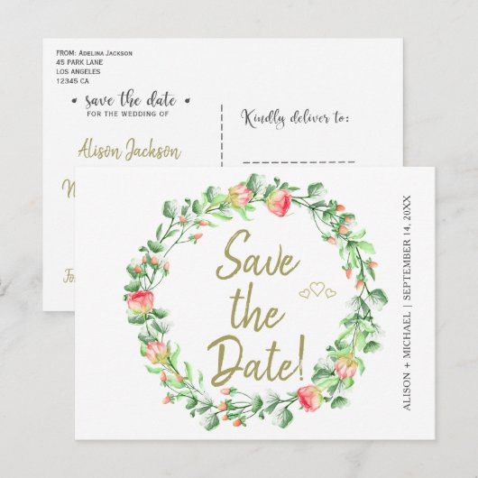 Bloemen blush salie tuin krans bruiloft save date aankondigingskaart (Voorkant / Achterkant)