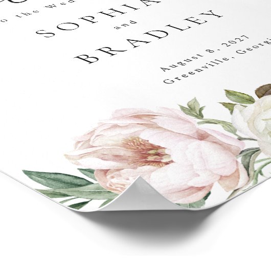 Bloemen Blush Wit Pioen Blad Bruiloft Welkomstbord Poster (Hoek)