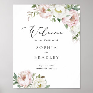 Bloemen Blush Wit Pioen Blad Bruiloft Welkomstbord Poster