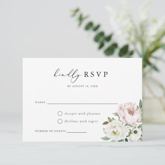 Bloemen Blush Witte Pioen Bruiloft RSVP Kaart (Staand voorkant)