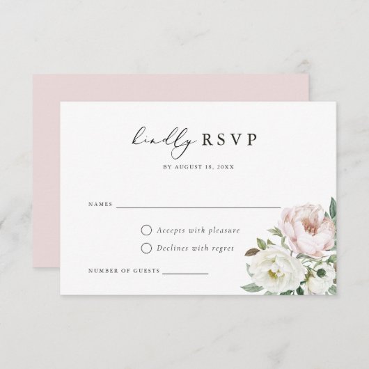 Bloemen Blush Witte Pioen Bruiloft RSVP Kaart (Voorkant / Achterkant)
