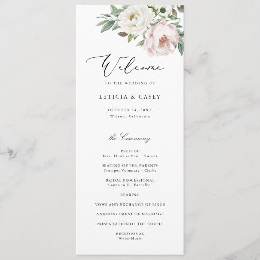 Bloemen Blush Witte Pioen Elegant Bruiloft Programmakaart (Voorkant)