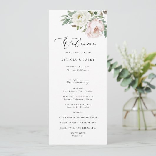 Bloemen Blush Witte Pioen Elegant Bruiloft Programmakaart (Staand voorkant)