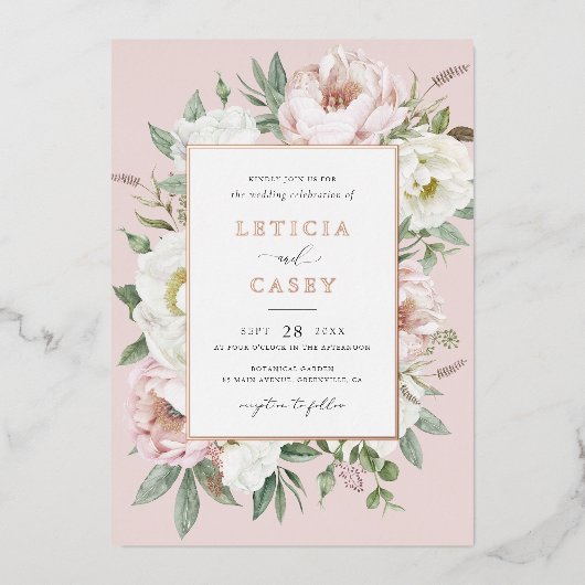 Bloemen Blush Witte Pioen Elegant Roos Folie Bruil Folie Uitnodiging (Voorkant)