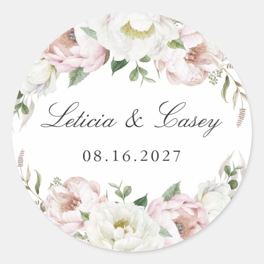 Bloemen Blush Witte Pioen groen bruiloft Ronde Sticker (Voorkant)