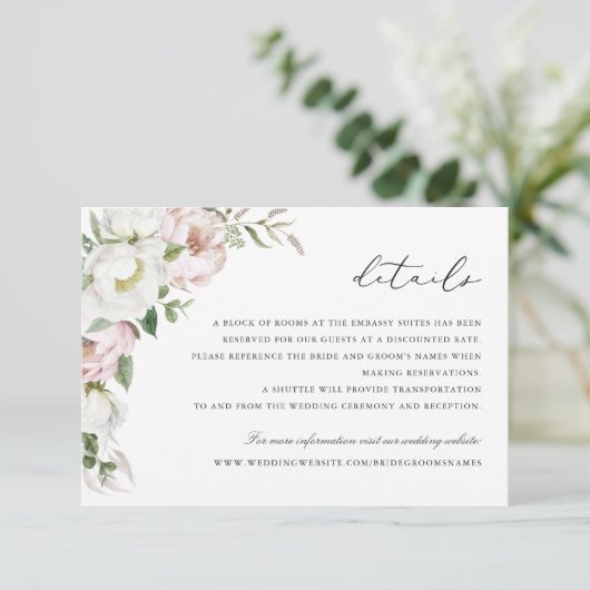 Bloemen Blush Witte Pioen groen Details invoegen Kaart (Staand voorkant)