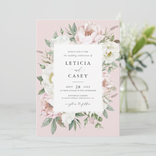 Bloemen Blush Witte Pioen Lijst Elegant Bruiloft Kaart (Staand voorkant)