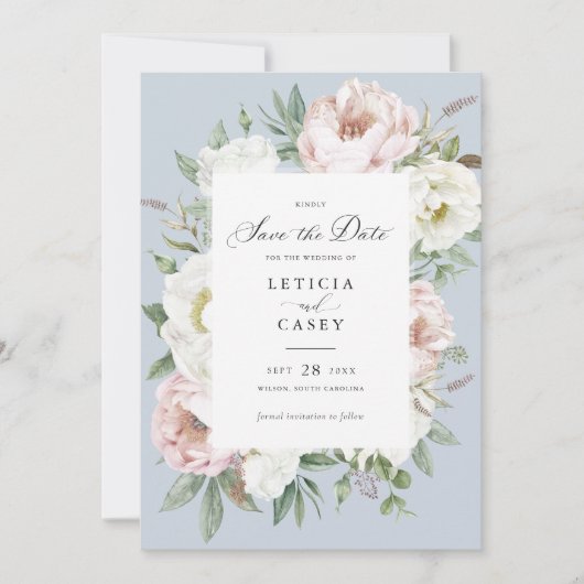 Bloemen Blush Witte Pioenen Bruiloft Save the Date Kaart (Voorkant)