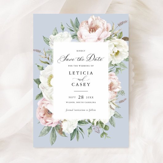 Bloemen Blush Witte Pioenen Bruiloft Save the Date Kaart