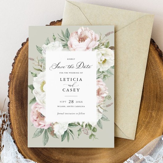 Bloemen Blush Witte Pioenen Bruiloft Save the Date Kaart