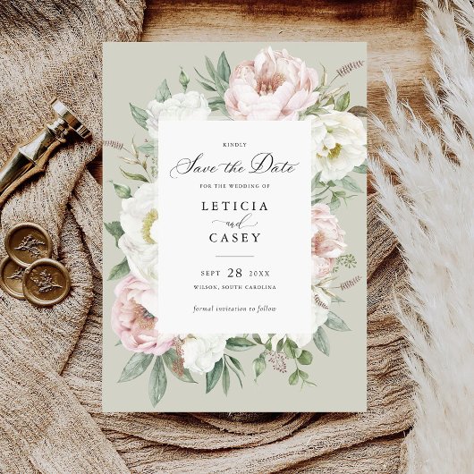 Bloemen Blush Witte Pioenen Bruiloft Save the Date Kaart