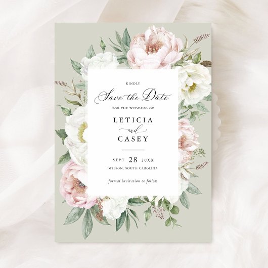 Bloemen Blush Witte Pioenen Bruiloft Save the Date Kaart