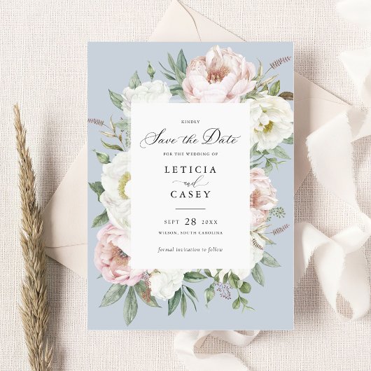 Bloemen Blush Witte Pioenen Bruiloft Save the Date Kaart