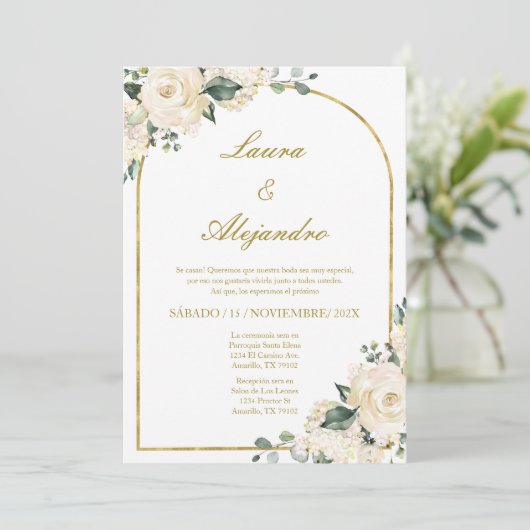 Bloemen boeket bruiloft uitnodiging in het Spaans (Staand voorkant)