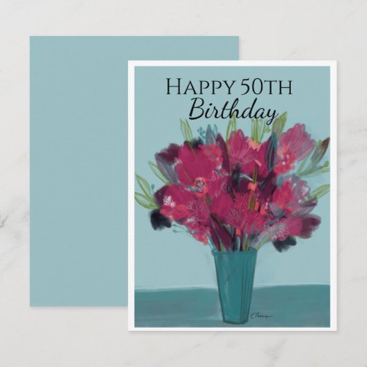 Bloemen Boeket in Blauwgroen & Roos Happy 50th Bir (Voorkant / Achterkant)