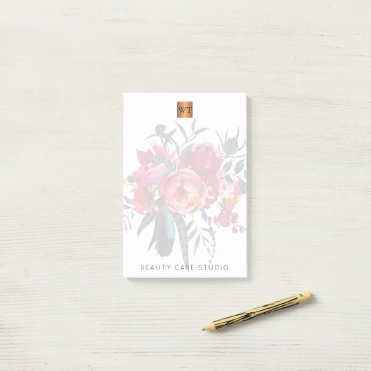 Bloemen boeket metallic goud koper monogrammed post-it® notes (Op bureau)