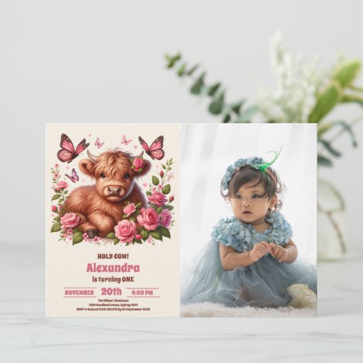 Bloemen Boerderij Heilige Koe Hoogland 1e Verjaard Kaart (Staand voorkant)