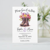 Bloemen Boerderij laarzen rustieke land bruiloft Save The Date (Staand voorkant)