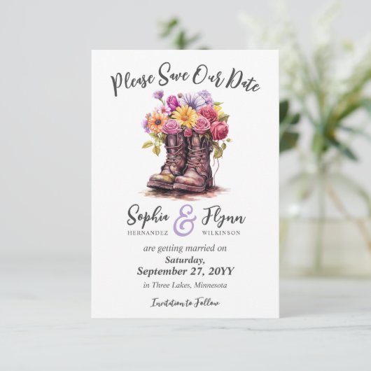 Bloemen Boerderij laarzen rustieke land bruiloft Save The Date (Staand voorkant)