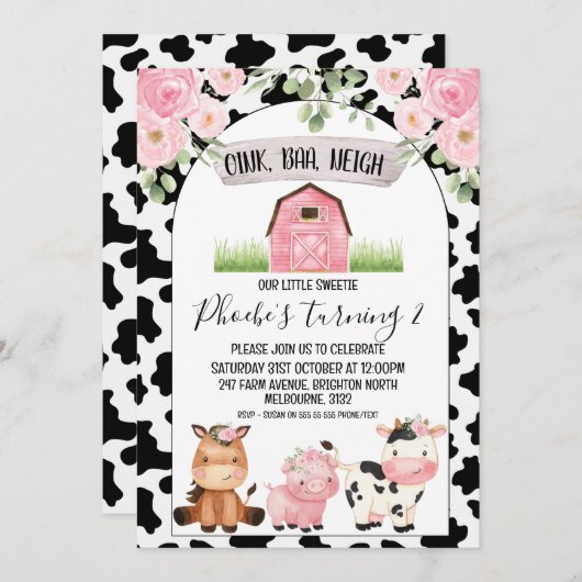 Bloemen Boerderij met Koe Print en Arch Verjaardag Kaart (Voorkant / Achterkant)