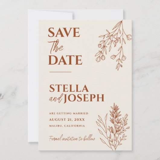 Bloemen Boho Beige Terracotta Aarde Moderne bruilo Save The Date (Voorkant)