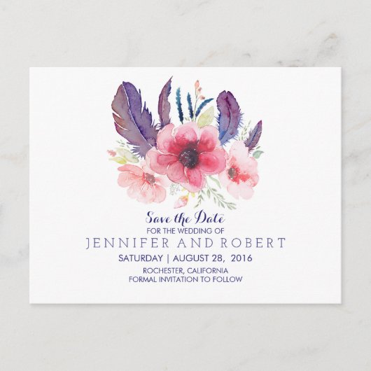 Bloemen  Boho Feathers Save the Date Aankondigingskaart (Voorkant)