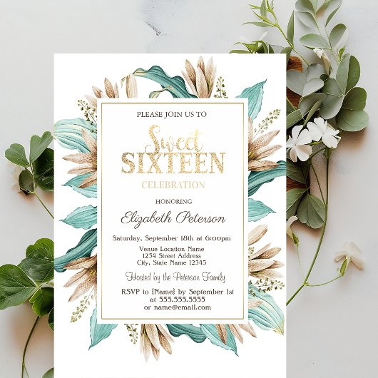 Bloemen Boho Gras Sweet 16 Kaart