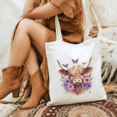 Bloemen Boho Paarse Hoogland Koe Boerderij Home Tote Bag