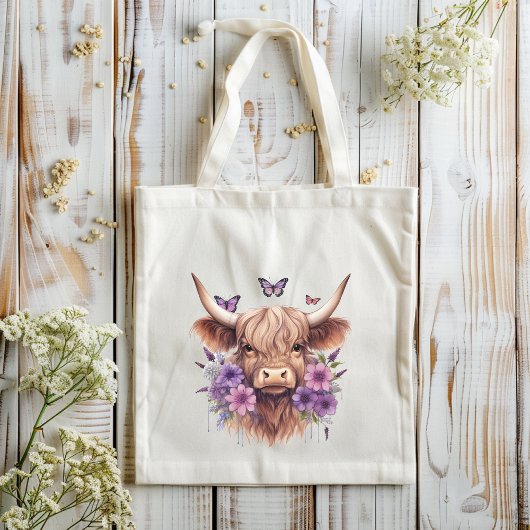 Bloemen Boho Paarse Hoogland Koe Boerderij Home Tote Bag