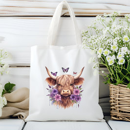 Bloemen Boho Paarse Hoogland Koe Boerderij Home Tote Bag