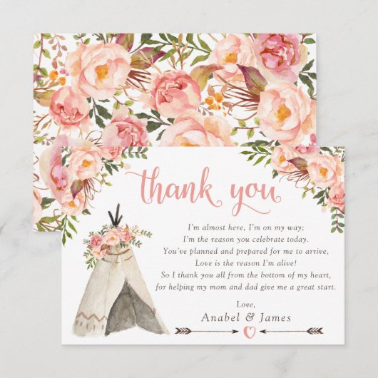 Bloemen Boho Teepee Chic Arrows Tribal Baby shower Bedankkaart (Voorkant / Achterkant)