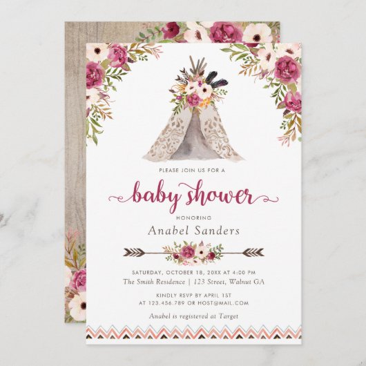 Bloemen Boho Teepee Chic Arrows Tribal Baby shower Kaart (Voorkant / Achterkant)