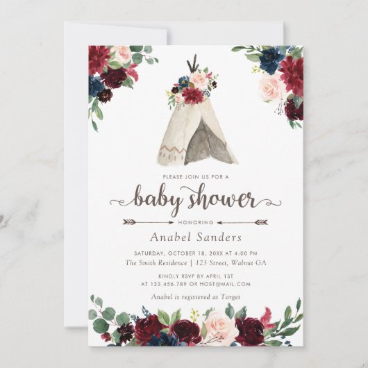 Bloemen Boho Teepee Chic Arrows Tribal Baby shower Kaart (Voorkant)