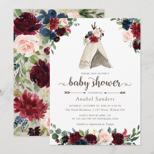 Bloemen Boho Teepee Chic Arrows Tribal Baby shower Kaart (Voorkant / Achterkant)