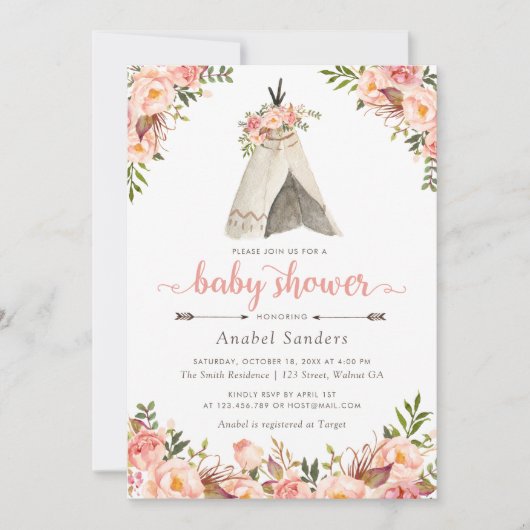 Bloemen Boho Teepee Chic Arrows Tribal Baby shower Kaart (Voorkant)