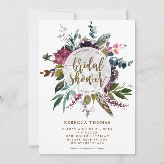 Bloemen Boho Veren Bruids Douche Uitnodiging (Voorkant)