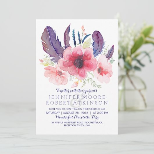 Bloemen Boho Waterverf Bruiloft Kaart (Staand voorkant)