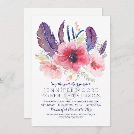 Bloemen Boho Waterverf Bruiloft Kaart (Voorkant / Achterkant)