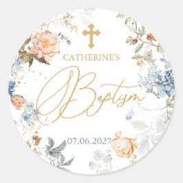 Bloemen Bord Perzik Blush Blauw Kruis Doop Ronde Sticker