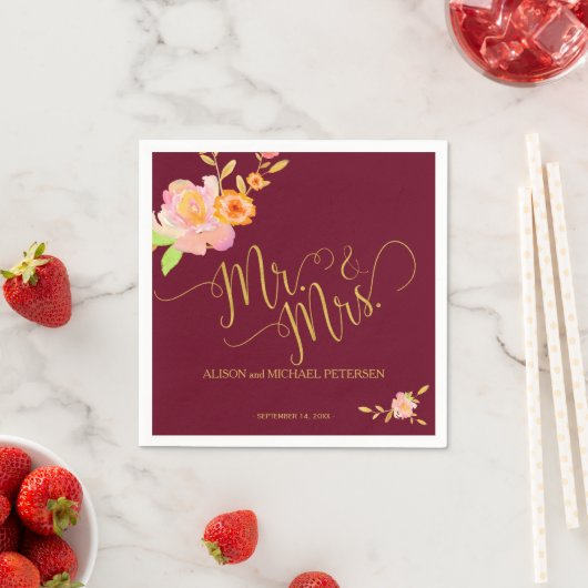 Bloemen bordeaux blush heer en mevrouw bruiloft servetten (Insitu)