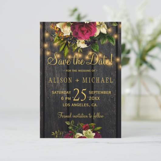 Bloemen bordeauxhout FOTO save the date bruiloft (Staand voorkant)