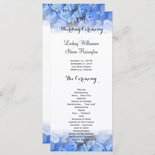 Bloemen Border Blue Hydrangea Wedding Tall Program Programmakaart (Voorkant / Achterkant)