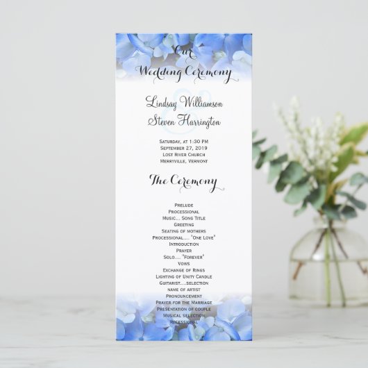 Bloemen Border Blue Hydrangea Wedding Tall Program Programmakaart (Staand voorkant)