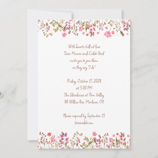 Bloemen Border Roze Tuin Handgeschreven bruiloft Kaart (Voorkant)