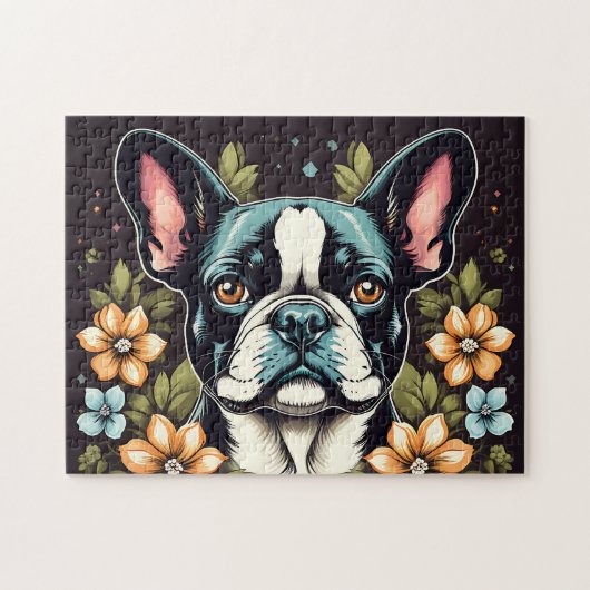 Bloemen Boston Terrier Legpuzzel (Horizontaal)