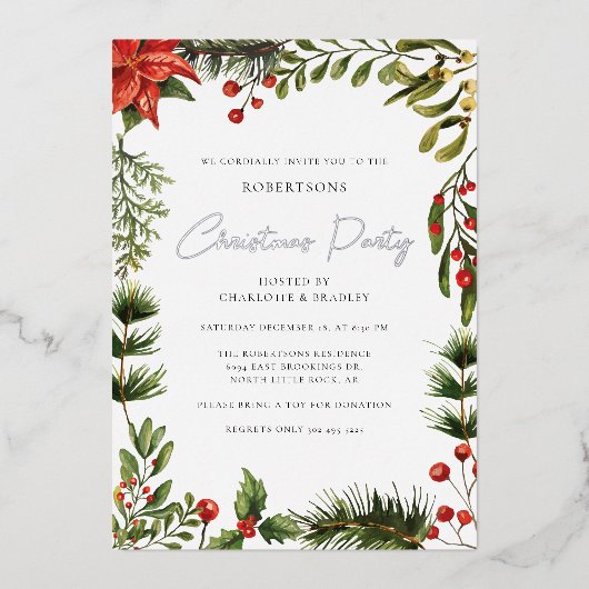 Bloemen Botanische Rode Bessen Kerstmis Zilver Folie Uitnodiging (Voorkant)