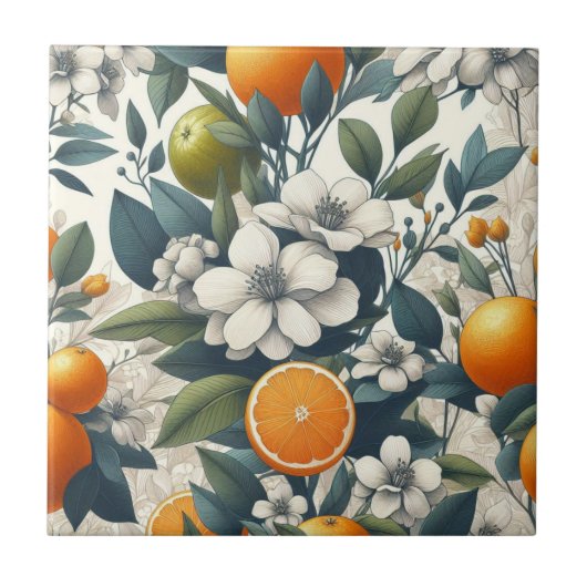 Bloemen botanische sinaasappels tegeltje (Voorkant)