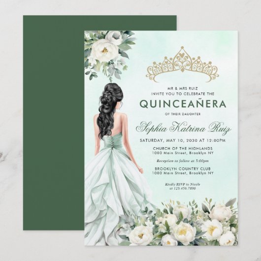 Bloemen Botanische Smaragd Goud Prinses Quinceañer Kaart (Voorkant / Achterkant)
