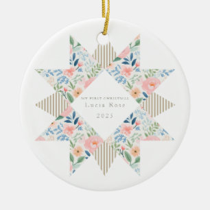 Bloemen Botanische Streep Quilt Block Star Keramisch Ornament