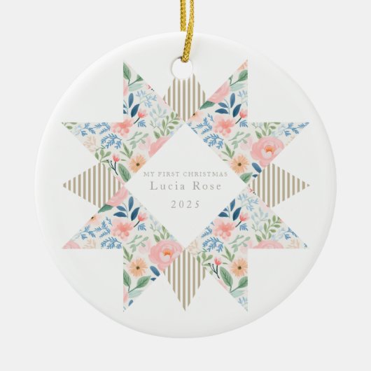 Bloemen Botanische Streep Quilt Block Star Keramisch Ornament (Voorkant)